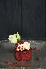 Red velvet cupcakes red velvet with cherry jam on white and black wooden backgrounds