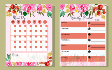  set monthly and weekly planner with watercolor flower