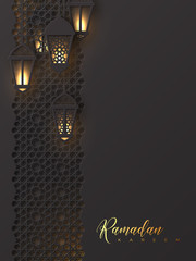 Ramadan Kareem greeting poster. 3d paper cut hanging lanterns with pattern in traditional islamic style. Design for greeting card, banner or poster. Vector illustration.