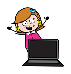 Cartoon Lady Presenting a Laptop Vector