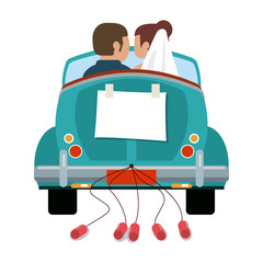Wedding couple in vintage car with cans backward