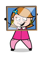 Cartoon Happy Lady Holding a Glass Frame Vector