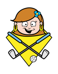 Happy Cartoon Lady Face with Golf Stick and Ball Vector