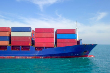 Large container ship at sea - Low angle aerial image.