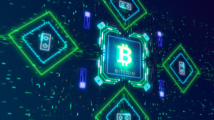 Bitcoin cryptocurrency symbol on the digital background. Finance and busines