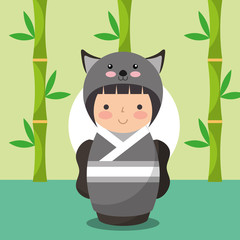 japanese kokeshi doll in kimono animal costume