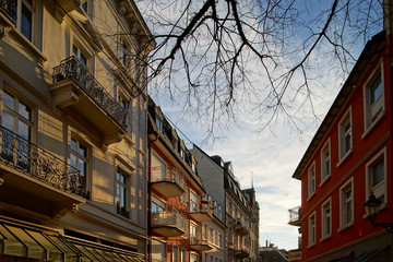 Cityscape of Baden-Baden, sunny february day, streetview