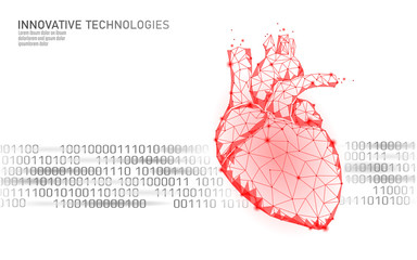 Healthy human heart beats 3d medicine model low poly. Triangle connected dots glow point red background. Pulse internal body modern anatomical shape innovative technology render vector illustration