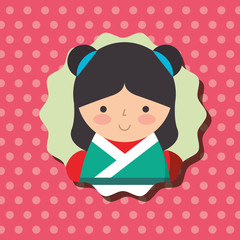 cute traditional japanese kokeshi doll in kimono dots background