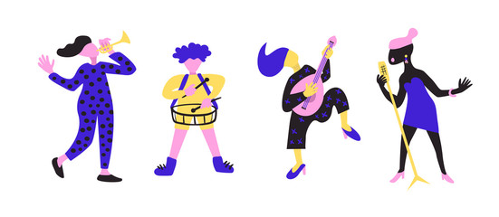Basic Set of bright colorful artists playing music instruments and singing on stage concert. Collection of musicians flat vector characters.