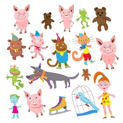 Muurstickers Speelgoed Set Cartoon dieren in kleding geïsoleerd op een witte achtergrond. Grappige beesten, kikkers, honden, kat, varkens, papegaai, pop en zombiemeisje, banaan, aardbei, groene appel. vector illustratie