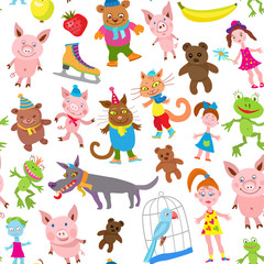 Fototapeta na wymiar Seamless pattern of vector Cartoon animals in clothes isolated on a white background.Funny beasts, frogs, dogs, cat, pigs, parrot, doll , zombie girl, banana, strawberry, green apple..Wallpaper print