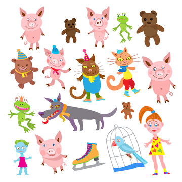 Set of Cartoon animals in clothes isolated on a white background. Funny beasts, frogs, dogs, cat, pigs, parrot, doll and zombie girl, banana, strawberry, green apple. Vector illustration
