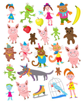 Set of Cartoon animals in clothes isolated on a white background. Funny beasts, frogs, dogs, cat, pigs, parrot, doll and zombie girl, banana, strawberry, green apple. Vector illustration