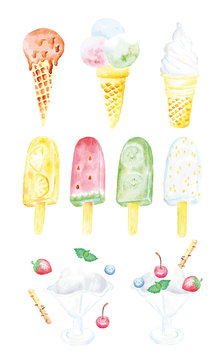 Watercolor set of different types of ice cream. Hand painted