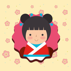 cute traditional japanese kokeshi doll in kimono flowers background