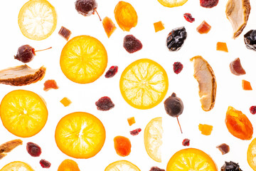 Sweet candied fruit isolated on a white background. Flat lay, top view. Fruit composition