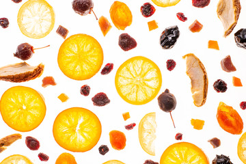 Sweet candied fruit isolated on a white background. Flat lay, top view. Fruit composition