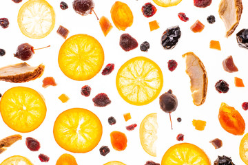 Sweet candied fruit isolated on a white background. Flat lay, top view. Fruit composition