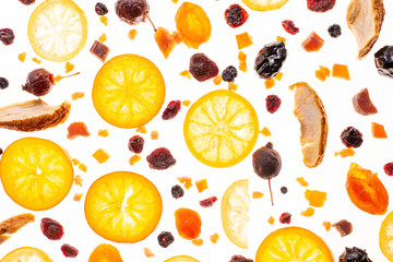 Sweet candied fruit isolated on a white background. Flat lay, top view. Fruit composition