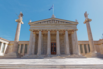 Fototapeta na wymiar national academy of Athens Greece, extreme central perspective of the main colonade with Athena and Apollo statues