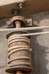 Wooden winch in old boat