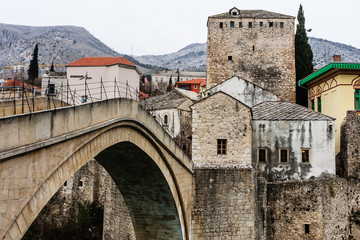View of Stari Most a 16th-century Ottoman bridge over Neretva river in the city of Mostar in Bosnia...