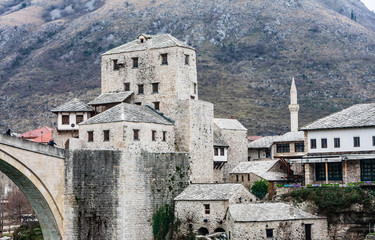 Fragment  of Stari Most a 16th-century Ottoman bridge over Neretva river in the city of Mostar in Bosnia Herzegovina