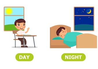 Boy is sitting at school desk, boy is sleeping on the bed. Day and night illustration. Vocabulary English opposite words.