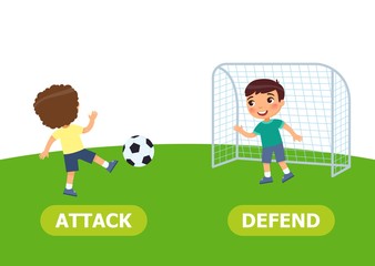 Boys are playing soccer. Opposite wordcard for attack and defend illustration