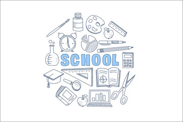 School stationary equipment set hand drawn vector illustration