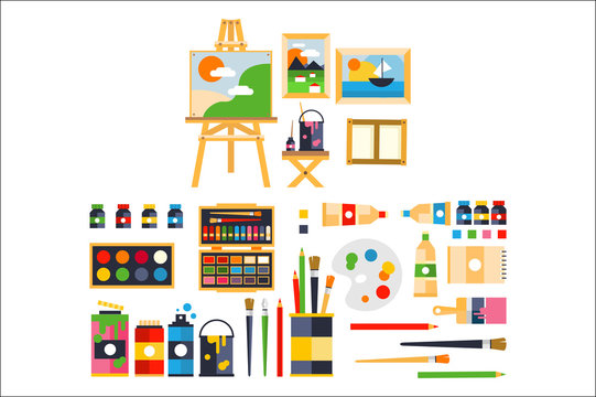 Artist painting tools and artistic materials for painting and creature set vector illustration