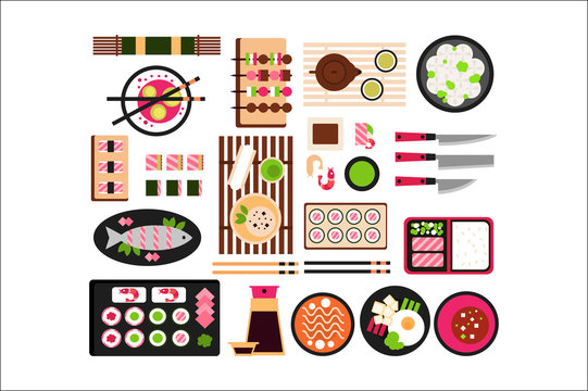 Japanese food set, Asian cuisine dishes top view vector illustration