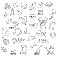 Vector hand drawn set of Newborn Baby Care cartoon doodle objects and items. 