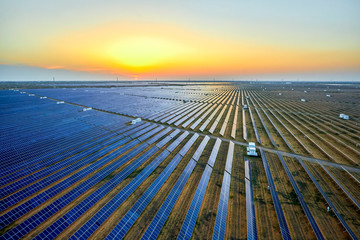 Aerial photography of the solar photovoltaic base in the desert