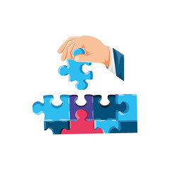 hand with set of puzzle pieces isolated icon