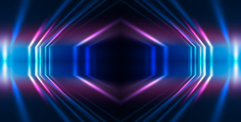 Obraz premium Background wall with neon lines and rays. Background of an empty dark corridor with neon light. Abstract background with lines and glow.