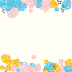 Fototapeta na wymiar Tropical background with monstera leaves in pastel colors. Blue, pink and yellow leaves.