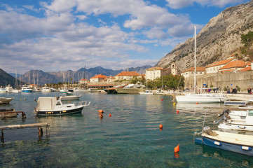 Fototapeta na wymiar Beautiful Mediterranean landscape. Montenegro. View of Bay of Kotor near Old Town of Kotor city on sunny winter day