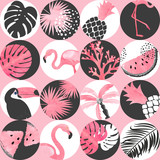 Seamless abstract watercolor tropical pattern. Vector trendy background with flamingo, palm leaves, watermelon.