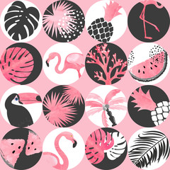 Seamless abstract watercolor tropical pattern. Vector trendy background with flamingo, palm leaves, watermelon.