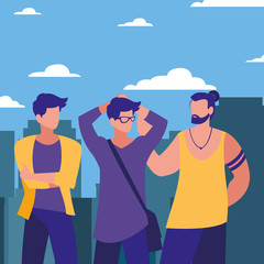 three men standing in city street