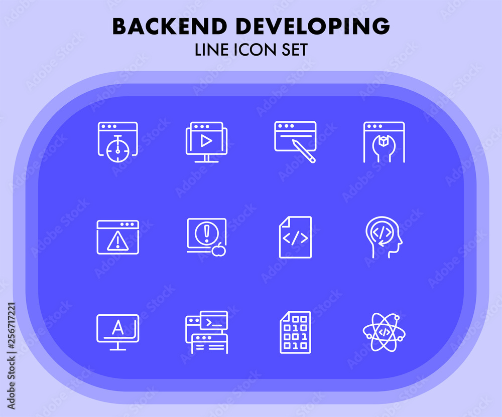 Poster backend developing line icon set