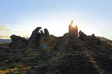 Fototapeta premium Sunset at lava fields of Berserkjahraun (Iceland)