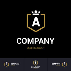 Illustration of Shield Badge-Shape with letter A in the Middle and Luxury Crown. Logo Icon Template for Web and Business Card, Letter Logo Template on Black Background