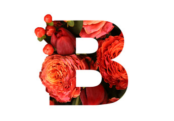 Floral font letter B from a real red-orange roses for bright design. Stylish font of flowers for conceptual ideas.