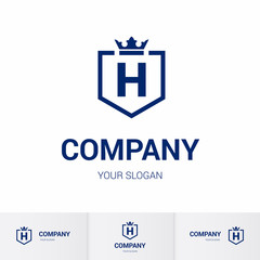 Illustration of Shield Badge-Shape with letter H in the Middle and Luxury Crown. Logo Icon Template for Web and Business Card, Letter Logo Template on White Background