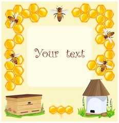 Promo label with bees and hives. Useful insects. Vector illustration.