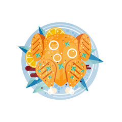 Roasted holiday turkey on platter with garnish vector Illustration on a white background