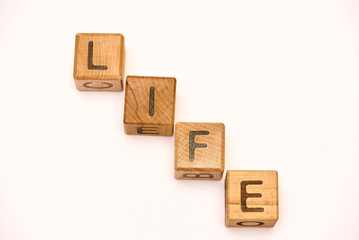 wooden cubes on a white background and the word laid down life 